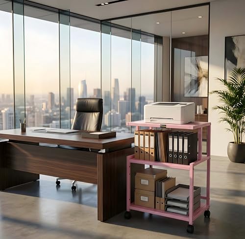 Image of Premium Metal Iron Pink Printer Stand with Wheels - Heavy-Duty & Stylish Storage Solution for Files, and Essentials - Durable, Modern & Perfect for Homes & Offices. (Pink)