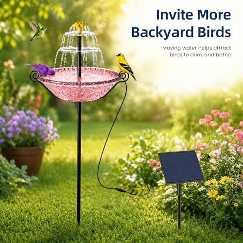 Bird Bath for Outside with Solar Fountain, Plastic Bowl on Metal Stake and Ground Stand, Freestanding Garden Accent for Yard and Patio (Pink(L)) — view 3