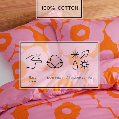 Image of MARIMEKKO - Queen Duvet Cover Set, Soft Cotton Bedding for Year Round Comfort, 3 Piece Floral Bed Set with Matching Pillowcases (Unikko Pink /Orange)
