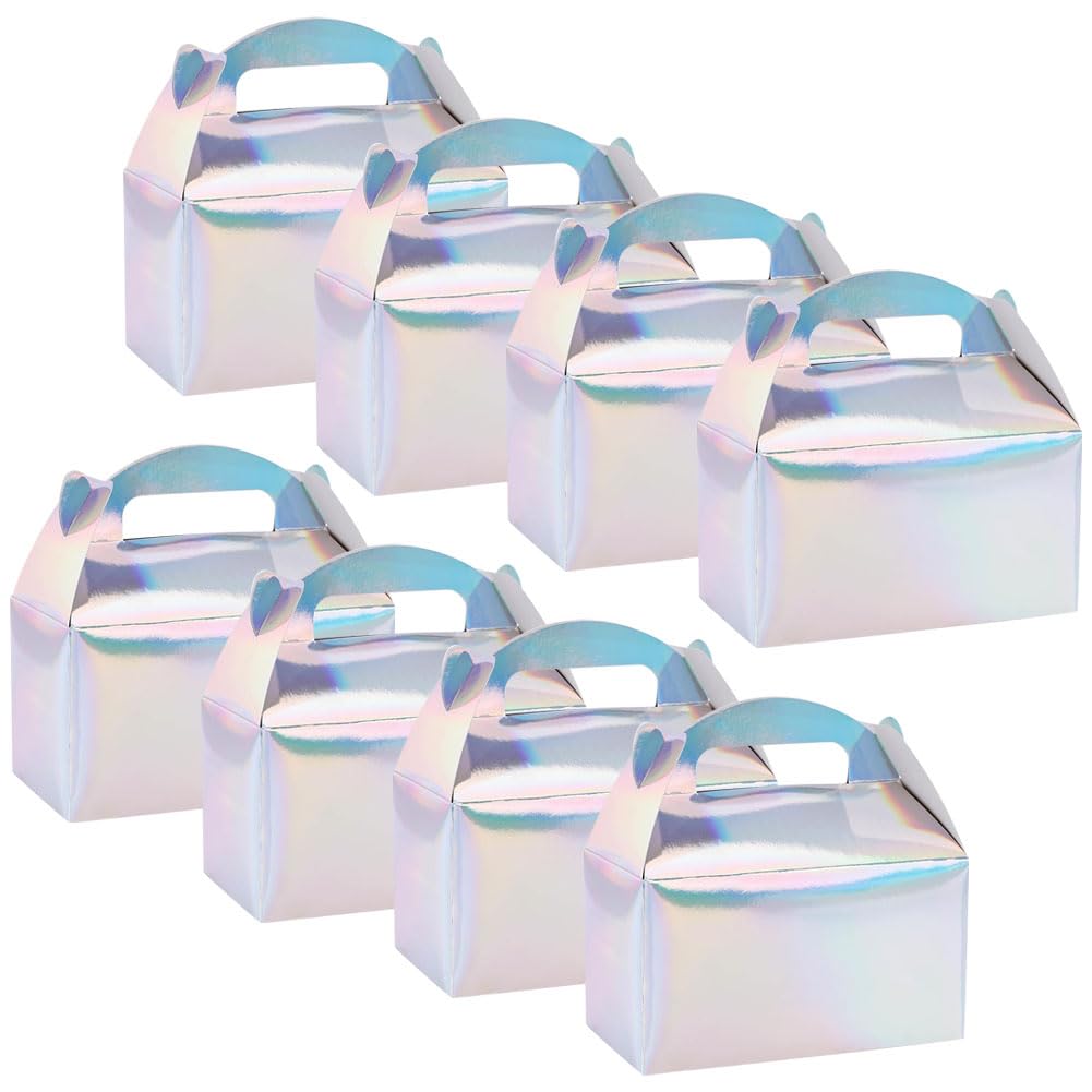 JIHUOO 16 Pcs Iridescent Gable Boxes Holographic Silver Party Favour Boxes Rainbow Candy Boxes Paper Gift Boxes with Handles Mermaid Treat Boxes Kids Birthday Cake Boxes Goody Bag Boxes for Wedding