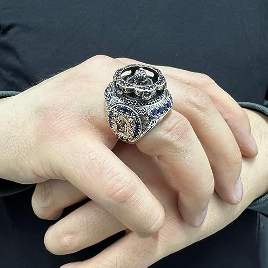 Solid 925 Sterling Silver Al-aqsa Mosque Motif Islamic Cubic Zircon Men's Ring Muslim Religious Ring Gift For Dad