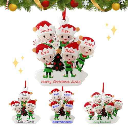 Personalized Christmas Ornaments 2025 Family of 3/4/5/6 Christmas Elf Ornaments Custom Name Text Resin Keepsake Customized Gifts for Xmas Christmas Tree Hanging Party