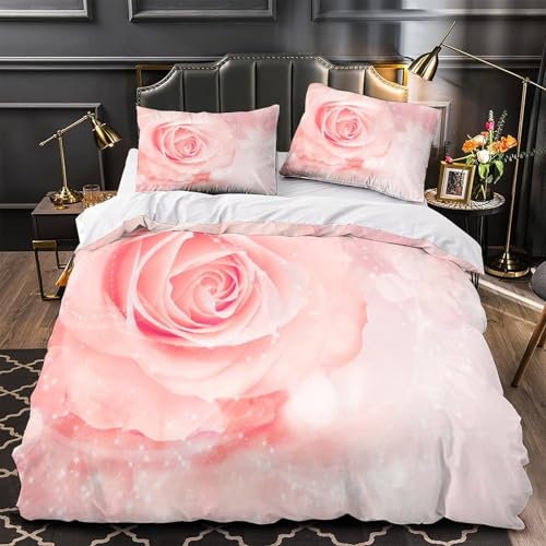 JQKZXNHPDR Rose Rose Bloom Housse de Couette 3D Effet Microfibre Résistante 3 Pièces Taie Douce Soft Romantic Parure de Lit Respirante Hypoallergique for...