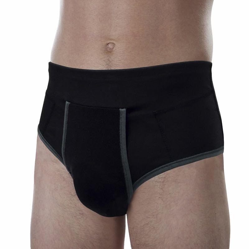 ORIONE Slip erniario uomo Safte 519 con 2 pelotte Tensione forte Nero Contenimento ernia inguinale (Girovita: 91-95 cm)