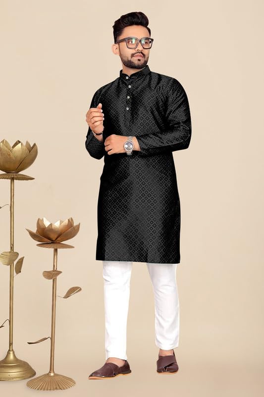 Image of Men's Self Design Cotton Silk Kurta