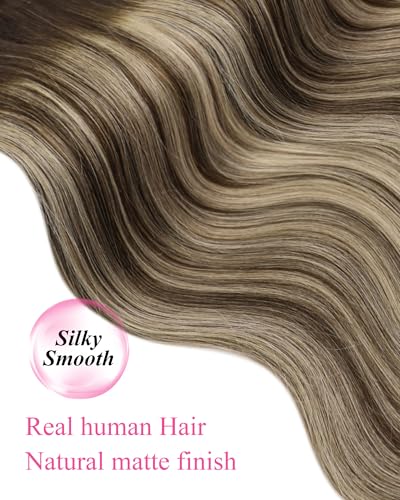 Image of YoungSee Dark Brown Tape in Hair Extensions, Balayage Tape Hair Extensions Real Human Hair, Dark Brown Roots Ombre Ash Blonde, Hair Extension Tape in Ombre, for Short Hair, 12 Inch 20pcs 30g