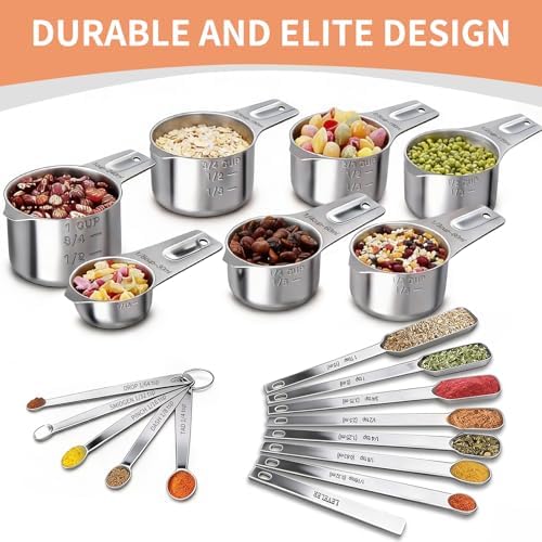 EWFEN Measuring Cups and Spoons Set, 7 Stainless Steel Nesting Measuring Cups & 7 Spoons, 5 Mini Measuring Spoons &1 Leveler, Kitchen Gadgets for Cooking & Baking, Square - Thumbnail 4