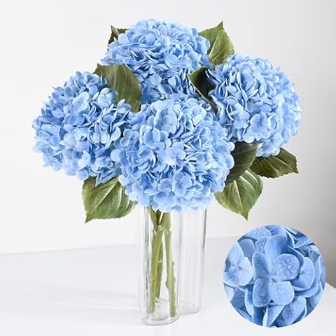 Artflower 4Pcs Real Touch Hydrangea Artificial Flowers, 22.5'' Blue Full Latex Faux Hydrangea Flowers for Home Floral Arrangements Wedding Bouquets Kitchen Table Centerpiece Decorations Cover