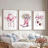 3 Pieces Pink Cowboy Hat & Boots Poster Cherry Pink Bow...
