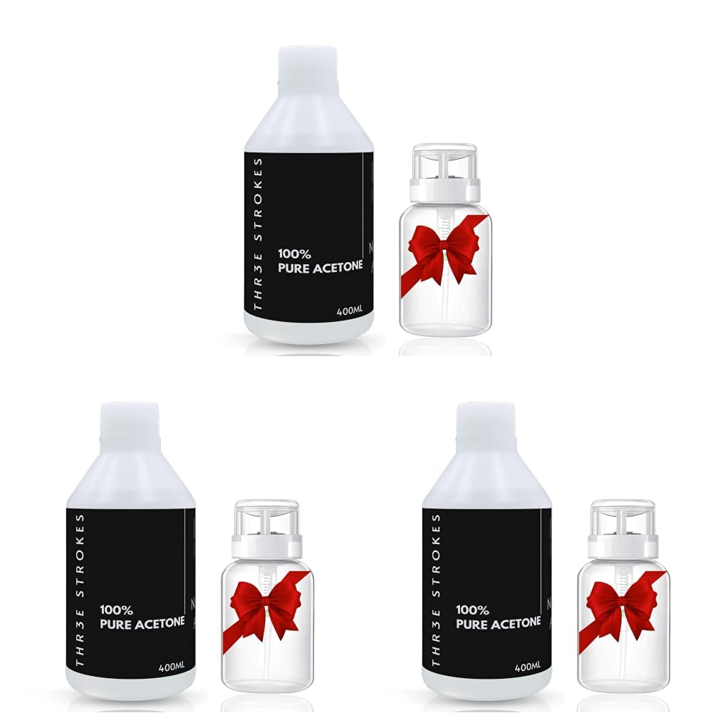 THR3E STROKES Acetone | Clear | NOT FOR MEDICAL USE | Nail Polish Remover | Nail Colour Remover | A++ Grade,400ML (PLUS EMPTY ACETONE BOTTLE) (Pack of 3)-picture-10