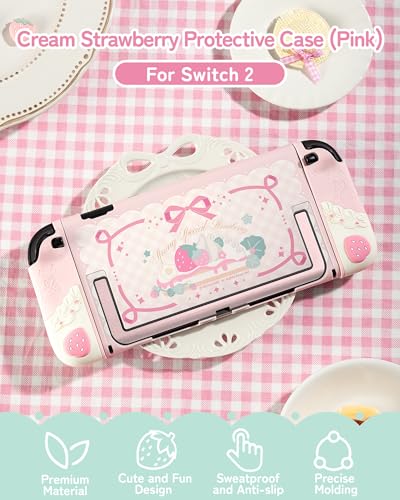 GeekShare Soft Silicone Protective Case Compatible with Switch 2 Anti-Scratch Cover Case Compatible with Switch 2 Separable Protective Shell with 2 Thumb Grip Caps - Strawberries with Cream(Pink)