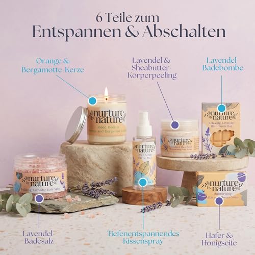 Nurture by Nature Relax & Calm Pampering Spa Gift Set, Bath Set, Lavender, Bath Salts, Aromatherapy, Soap, Bath Bombs, Candle & More, Gift for Women, Her