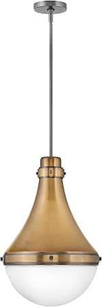 Hinkley Oliver Medium Pendant Ceiling Light, Adjustable Height, Tapered Spun-Metal Light, Etched Opal Glass Shade, in Heritage Brass and Black Oxide