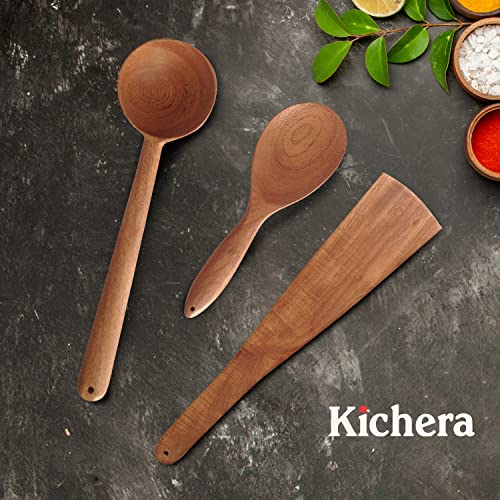 Image of Kichera Neem Wood Compact Ladle, Spatula, Flip Dosa /Roti /Chapati | Kitchen Tools | No Harmful Polish | Naturally Non-Stick | Handmade (Set of 3)