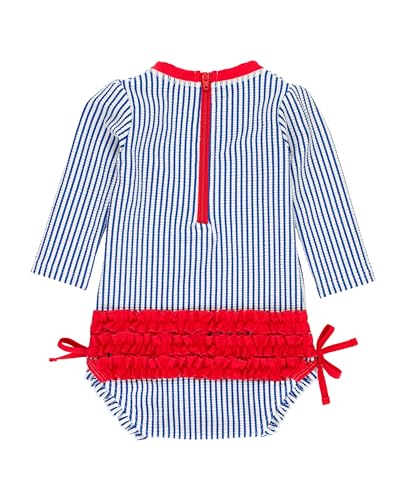 Image of RuffleButts Baby-Girls Seersucker Long Sleeve Rash Guard - One Piece Swimsuit UPF 50+ Toddler