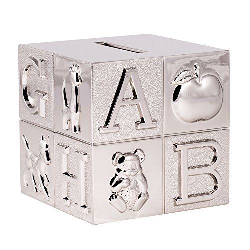 creative gifts international pewter abc block bank for kids, newborn gift, silver, 3”x3”x3”, shiny non-tarnish nickel plated finish, polished finish, gift box included