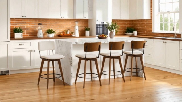 Butacos giratorios de altura para barra, 26", tapizado en lino beige con patas de madera natural, juego de 4 miniatura 7