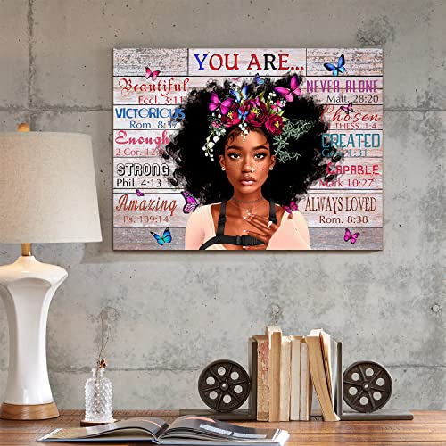 Wowgoomo Vintage African American Women Wall Art Fashion Black Girl Portrait Canvas Pictures You Are Bible Quotes Poster For Living Room Bedroom Home Office Framed Inspirational Gift For Women 16"X24" #TOP2