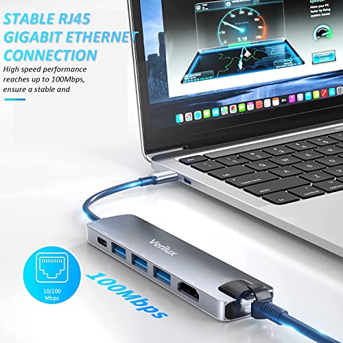 Image of Verilux USB C Hub with Ethernet 6 in 1 USB Type C Hub with 4K HDMI Converter, Multi USB Port for Laptop with USB Hub 3.0 and 2.0 PD 87W Charging Port for MacBook Air M1 Pro, Type-C Device and Switch
