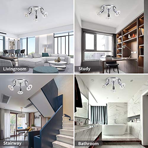 Modern 3-Light Multi-Directional Ceiling Fixture, Adjustable Round Track Lighting Kits, Energy Saving LED Bulbs Include Flushmount Ceiling Light for Living Room,Kitchen,Hallway,Bedroom,Polished Chrome - Thumbnail 3