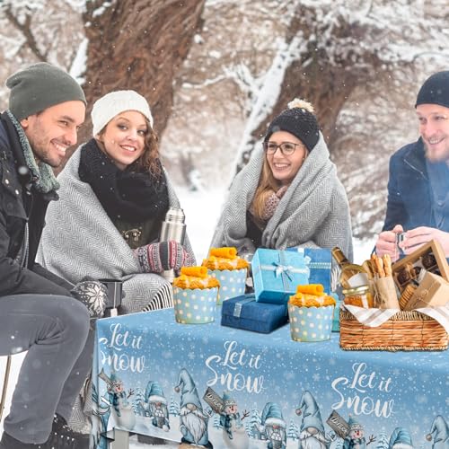 Image of 3Pcs Gnome Tablecloth, Christmas Snowflake Rectangle Winter Wonderland Table Cover for Holiday Party Supplies, 108180cm