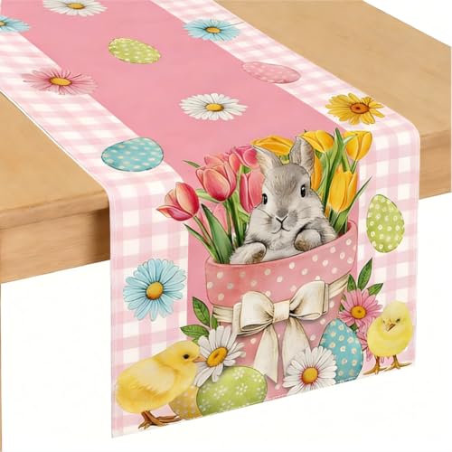 Chemin de table de Pâques, 33 x 183 cm, motif fleur et lapin, chemin de table de Pâques, imperméable, en lin, lavable, décoration de table pour la maison,...