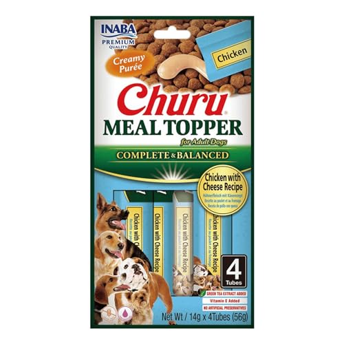 INABA Churu Meal Topper, Snack per Cani Cremoso con Pollo e Formaggio - 1 Pack (4 Stick x 14gr) - Condimento per Cibo Secco - Snack Cani Senza Conservanti o Coloranti Artificiali, Grain-Free