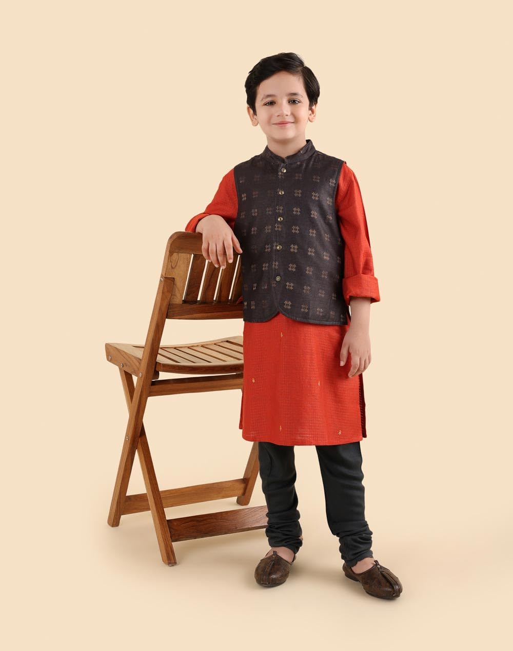 Fabindia Boys Charcoal Woven Design Silk Blend Nehru Jacket 3