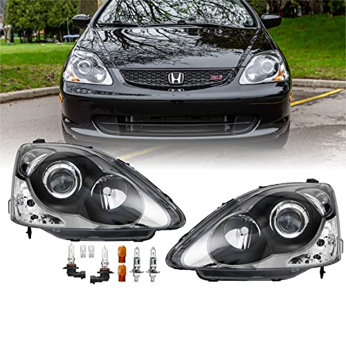 USR DEPO 02-05 Civic Si UPGRADE Stock Replacement Headlight Assembly Set (Left + Right) Compatible with 2002-2005 Honda Civic Si 3DR Hatchback (Type R Style, Black Housing, Clear Corner, Plug n Play)
