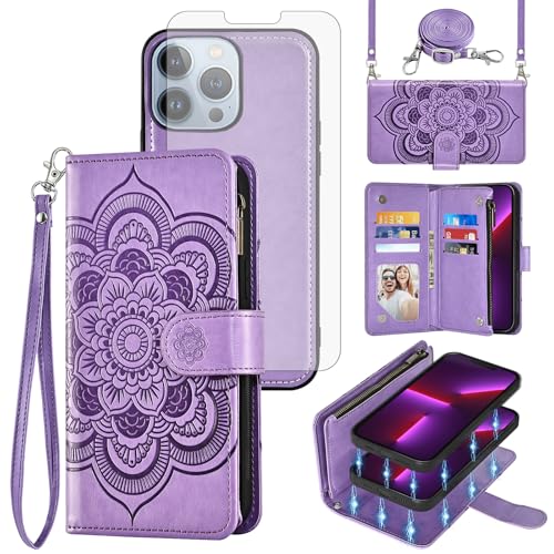 Étui de téléphone pour iPhone 13 Pro Max 2021 porte-cartes à fleurs zippé avec sangle