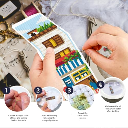 Image of INFUNLY 6 Set DIY Cross Stitch Bookmark Kit Building House Cross Stitch Kits 8 inchx2.4 inch Pre-Printed Architectural Stamped Embroidery Bookmark Kit with Instructions for Beginners Book Lovers Adults Gift