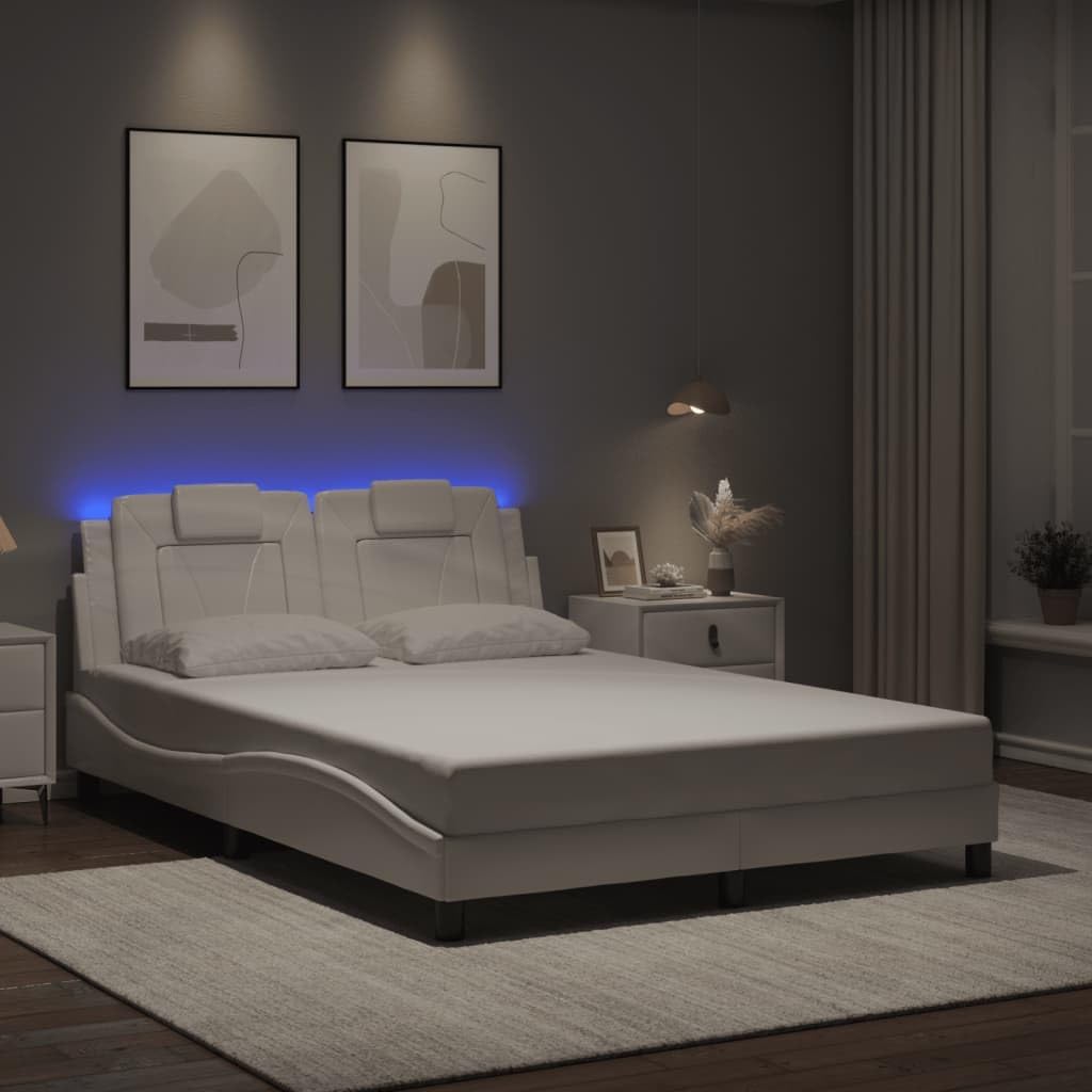 Bed Frame Viana with LED Lights White Faux Leather Platform Foundation 53.9"x74.8" Sturdy Slatted Heavy-Duty Headboard Modern Bedroom Furniture