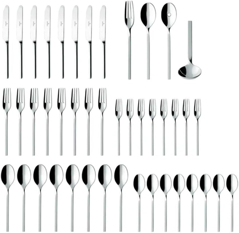 NewWave Collection 64 Piece Flatware Set, Sleek, Tapered, Modern Design, 18/10 Stainless Steel, Service for 12, 4 Piece Serveware Set Included
