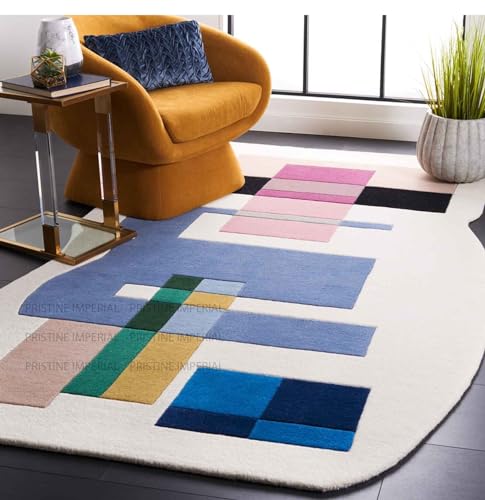 Image of Hand Tufted Irregular Unshaped Designer Woolen Carpets for Living Room Bedroom and Hall Size 4x6 Feet (120x180 cm) Color A2 Ivory & Multi