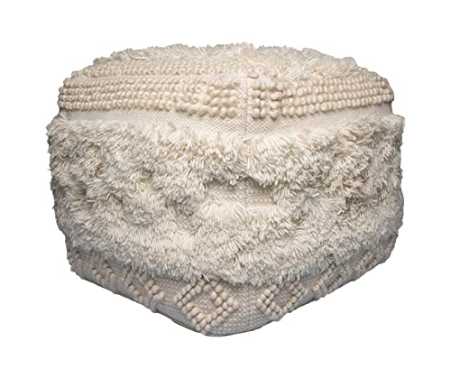 Qiyano Pouf rund im Boho-Stil aus weicher Neuseelandwolle mit Fransen und Quasten Naturmaterial handgefertigt Bohemian-Stil Ethno Hocker Wohnzimmer Schlafzimmer Garderobe Farbe: Natur