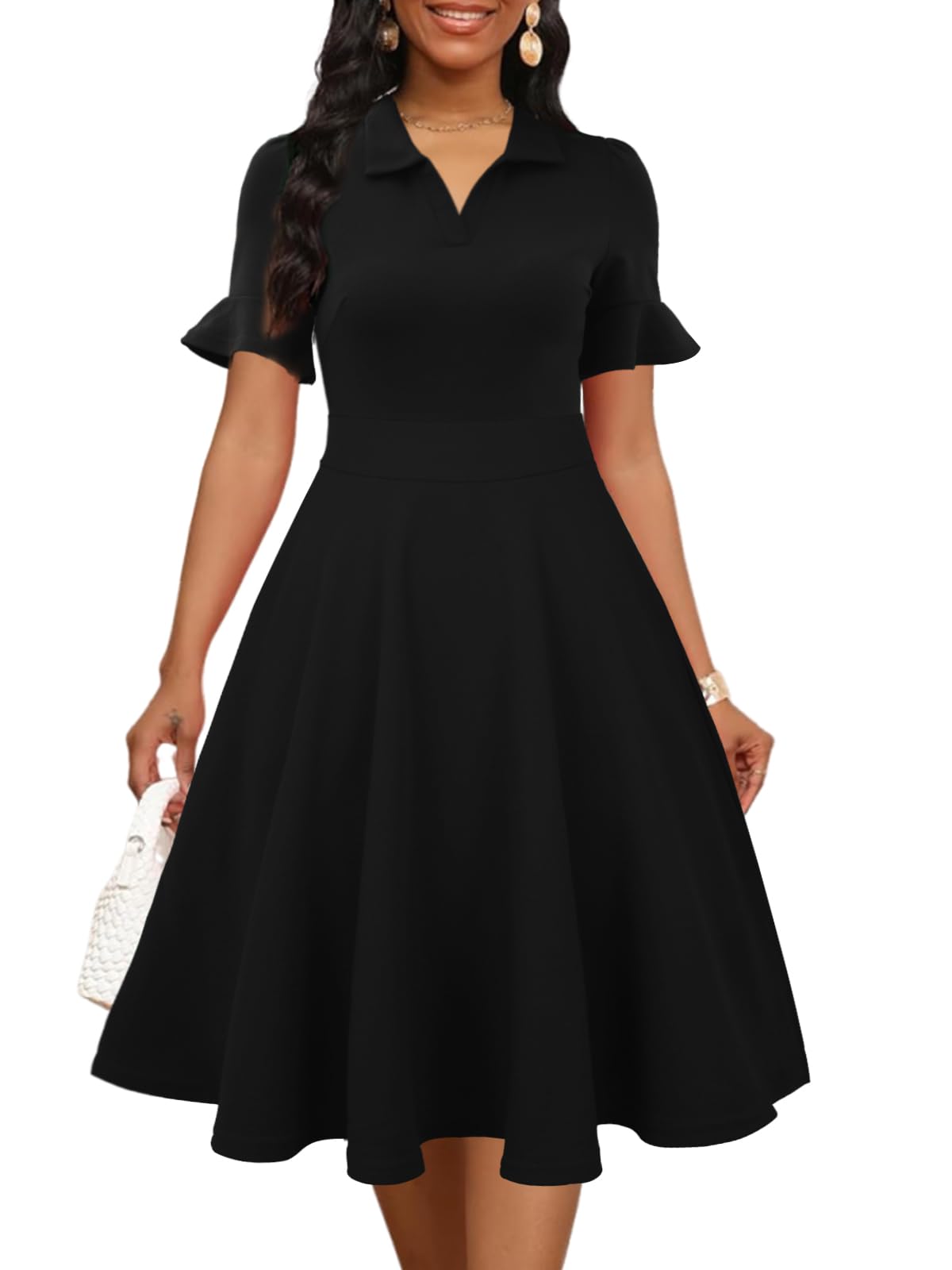 Mokayee Womens Summer Ruffle Sleeve Collared V Neck Fit and Flare Elegant A line Swing Dresses with Pockets