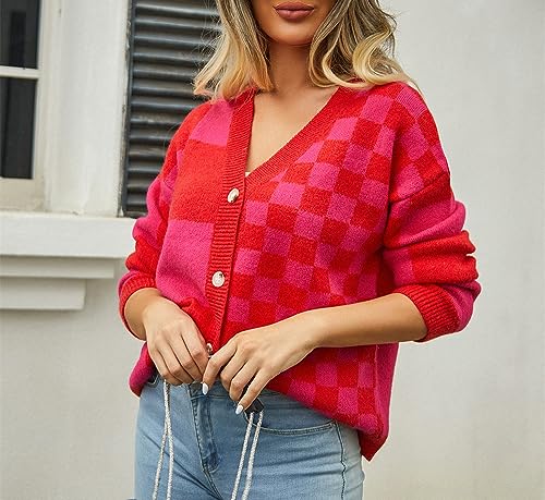 Image of Womens Color Block Plaid Button Down Cardigan Long Sleeve Cable Knit Checkered Sweaters Tops Y2k Aesthetic Clothes