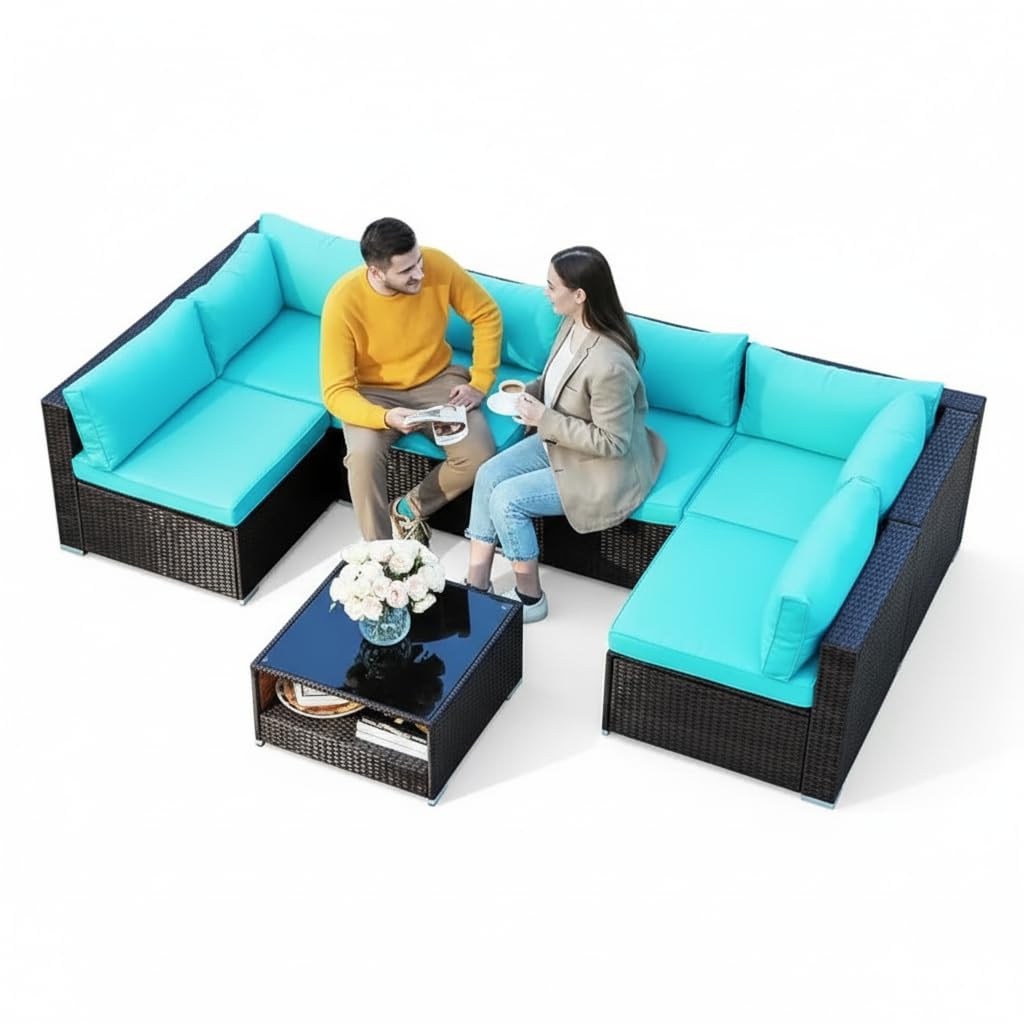 LOCCUS 6-Piece Outdoor Patio Furniture Set, All-Weather Rattan Wicker Conversation Sofa Set with Cushions & Center Coffee Table for Garden, Balcony, Backyard, Poolside (Brown & Sky Blue)-image-40