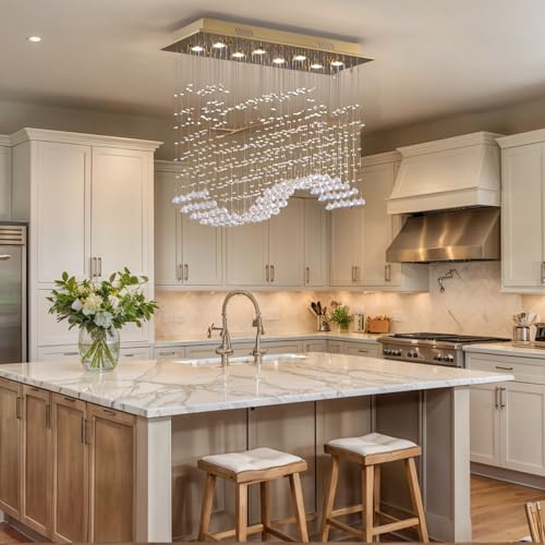 Siljoy Rectangular Gold Crystal Chandelier for Dining Room, 8-Light Modern Wave Raindrop Crystal Chandelier for Living Room Kitchen Island L31.5'' x W11.8'' x H32.2'' by Siljoy - Image 3