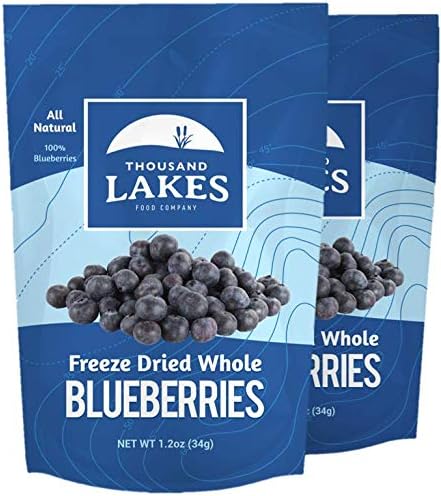 Thousand Lakes Freeze Dried Fruit - Blueberries 2-pack 1.2 ounces (2.4 ounces total) | No Sugar Added | 100% Whole Blueberries