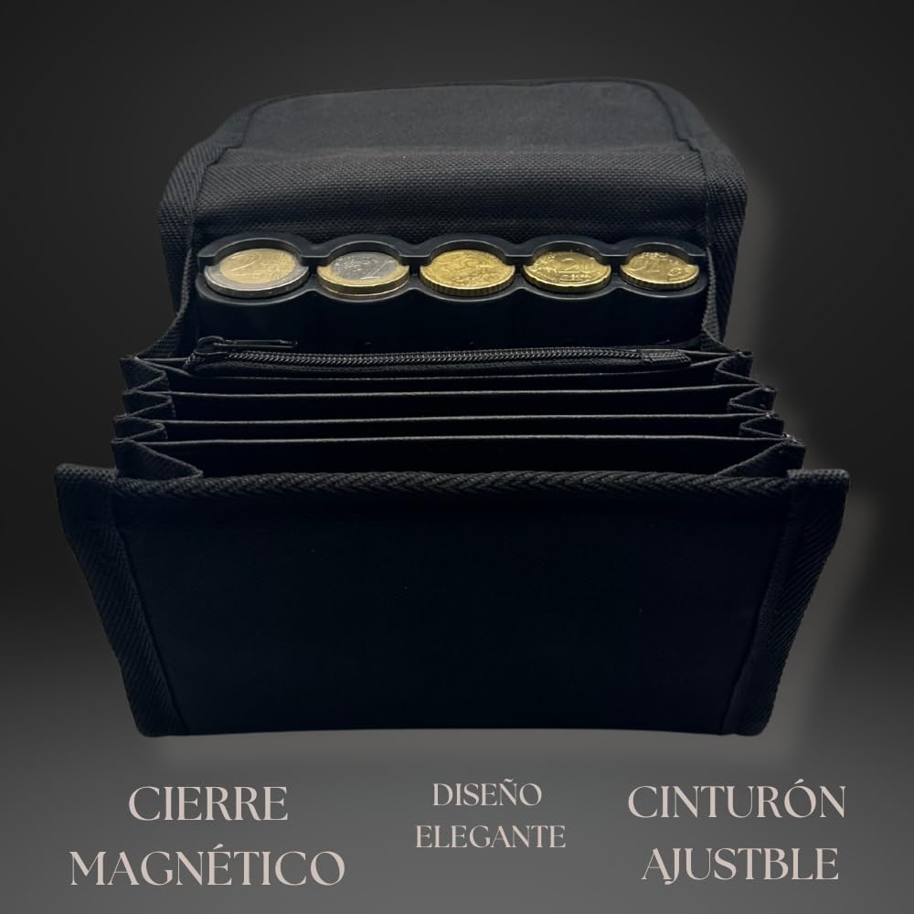 Marsupio compatto professionale con dispenser di monete, portamonete incluso, design leggero per camerieri, tassisti. Chiusura magnetica