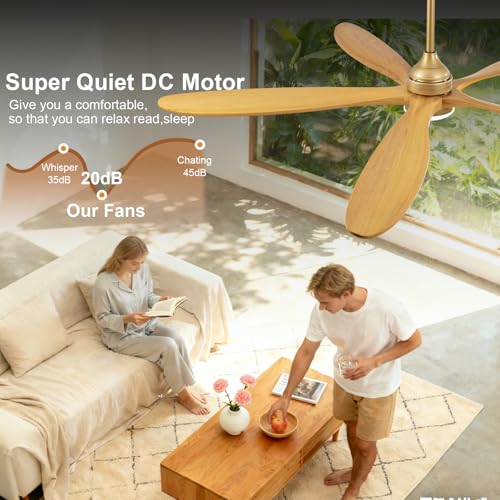 Image of Dimmable 60 Inch Large Outdoor Ceiling Fan with Light and Remote, Wood Big Ceiling Fans with Lights and Remote Gold 5 Blade Outdoor Ceiling Fans for Patios Bedroom Living Room, 6 Speed DC Motor