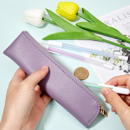 Image of GORGECRAFT PU Leather Case Slim Design Soft Small Aesthetic Pen Pouch Storage Bag Solid Color Portable Zipper Cosmetic Bag for Pen Markers Gifts (Plum)