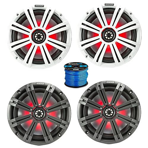 2 Pair (Qty 4) of Kicker KM 8" 300 Watt Peak Power Marine Multi Color LED Coaxial Boat Speakers with Charcoal and White Grilles, Speaker Wire