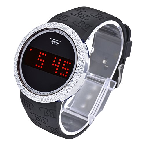 Techno Pave Iced Style Bling Lab Diamond Silver Black Digital Touch Screen Sports Watch Silicone Band