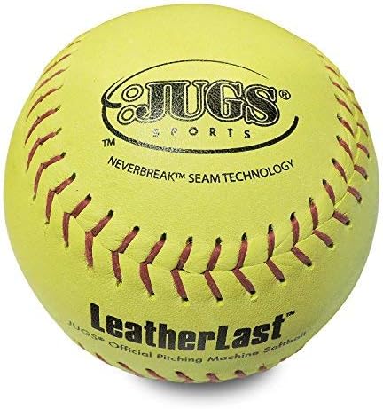 Jugs LeatherLast™ Softballs—1 Dozen. Regulation Size & Weight Leather Softball Designed specifically for Pitching Machines. Optic Yellow, Full-Grain Leather Cover. 1-Year Guarantee.