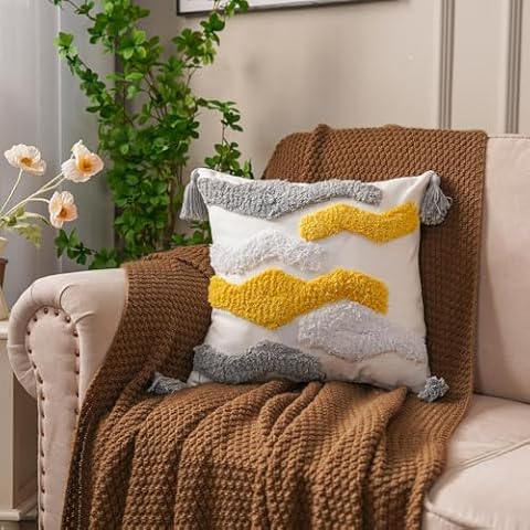 ARTMAGIC Boho Decorative Throw Pillow Cover Multi Color Woven Tufting Pillow Cover Farmhouse Geometric Stripes Pillowcase for Couch Sofa Bed Living Room Home Garden Decor (18 x 18-Inch, Yellow 03) Cover