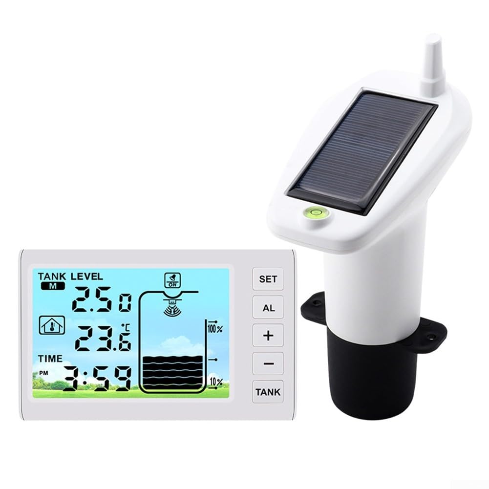 Monitor de nivel de tanque de agua solar con medidor digital, medidor de nivel de líquido inalámbrico de rango de 1 a 5 m, transmisor impermeable IP65 con carga automática, receptor interior que