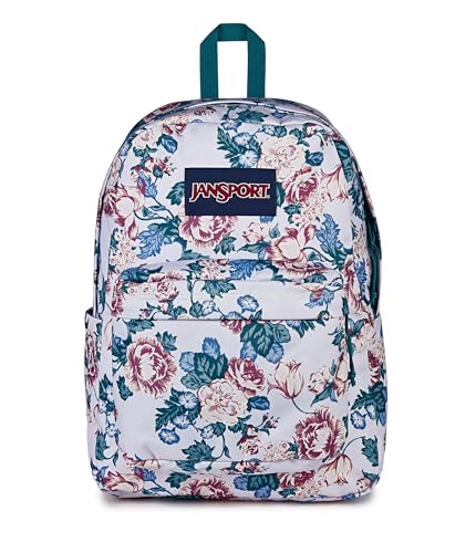 JanSport SuperBreak Plus Backpack with Padded 15-inch Laptop Sleeve and Integrated Bottle Pocket - Spacious and Durable Daypack for Work and Travel Rustic Roses Moon Flower/Blu/Pnk/Grn