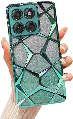 Image of VONZEE Gradient Glitter Case for Moto Edge 60 Fusion, Luxury Electroplated 3D Cube, Diamond Bling Shiny Soft TPU Clear Shockproof Women Girls Protective Phone Cover (Green)